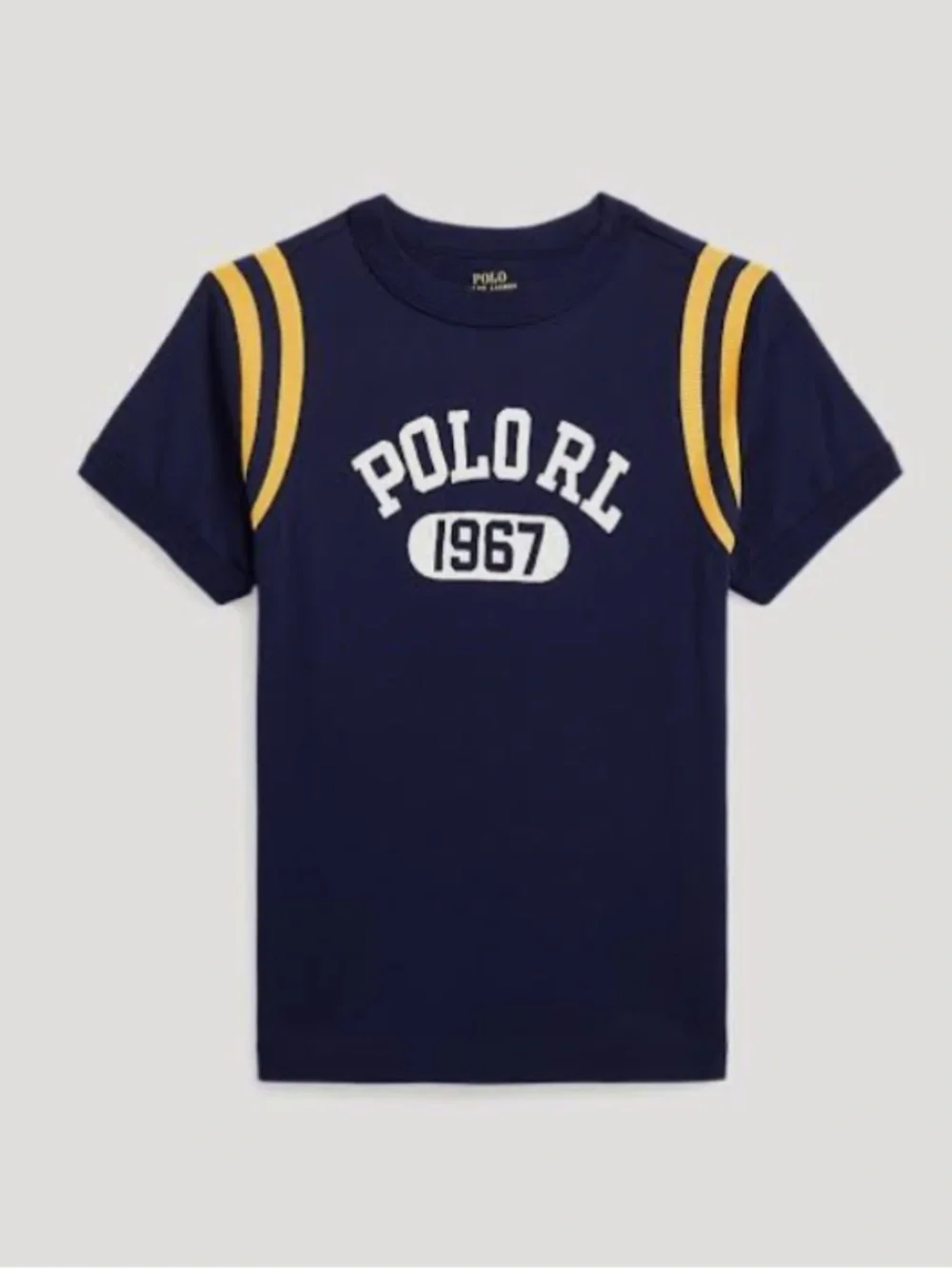 Ralph Lauren Navy Tee with Yellow Sleeve Stripes